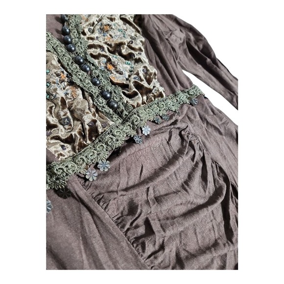NEW Lucy Paris Brown Velvet Embroidered Sequin Boho Ruched Long Sleeve Top Large - Picture 7 of 12